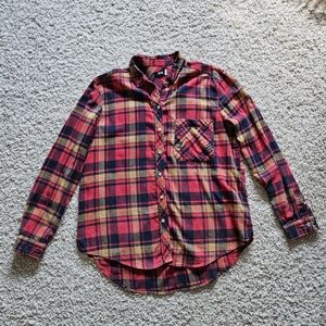 Red and Orange Plaid BDG Flannel Long Sleeve Button Down Shirt